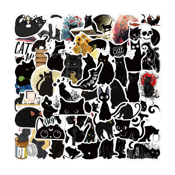 50 STK Black Cat Stickers, Vanntett Vinyl Cute Ghost Black Cat Stickers Decals