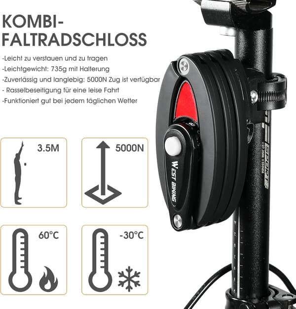 Hopfällbart cykellås - Hög säkerhet - 85 cm långt - Cykellås med fäste - Lås med starka leder