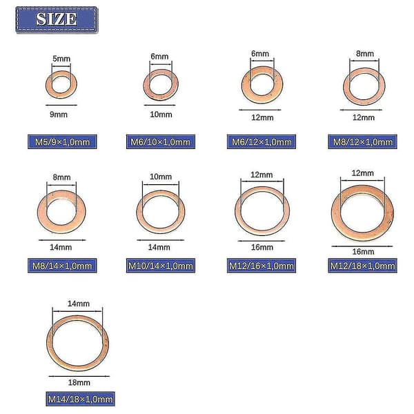 200 stk Flat kobberbrikke sortiment sett M5-m14 O-ring kobber gass