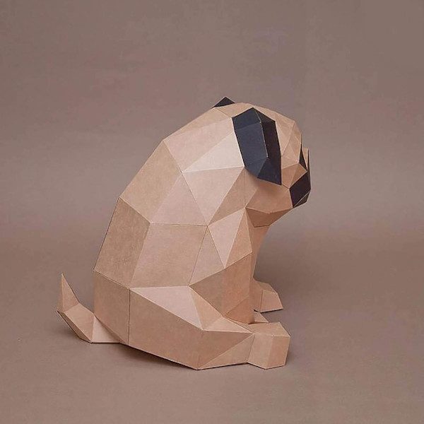 3D Mops Papperskulptur, Förskuren DIY Pappershantverksats, Handgjord Djurfigur, Brun Färg, DIY 3D Pappersmodell, Kreativ Heminredning