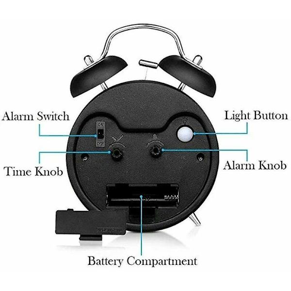 Total Dual Bell Alarm Clock med nattlampa, 4 tums urtavla, analog