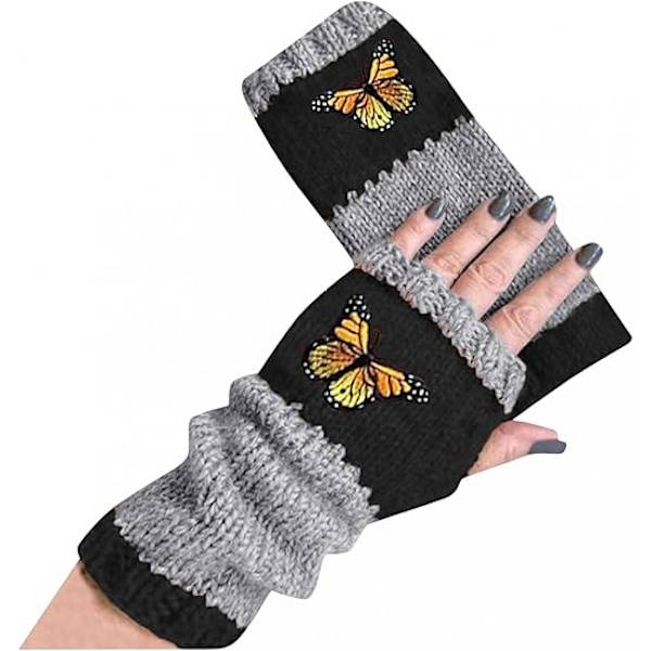 Pairs Dam Mittens, Fjärilsmönster Långa Stickade Fingervantar, Handledsärmar, Mittens för Kvinnor Flickor, Svart, One Size