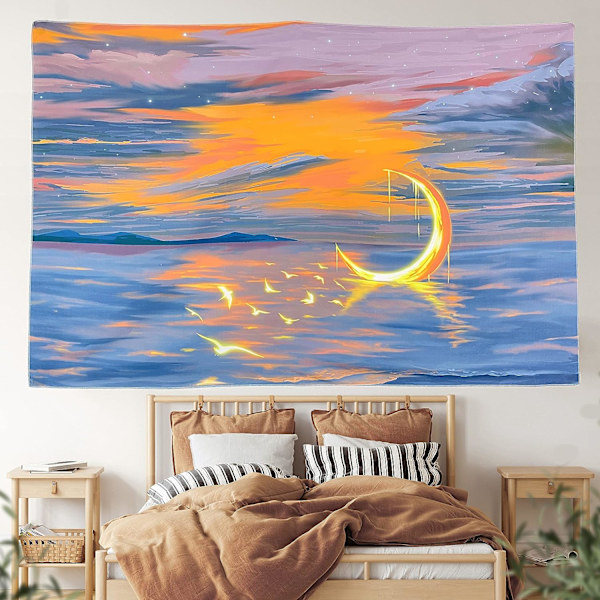 Estetisk väggbonad för rumsdekoration, måne som stiger över havet, landskapstapet, hippie-boho-tapeter för sovrum 150*100 cm