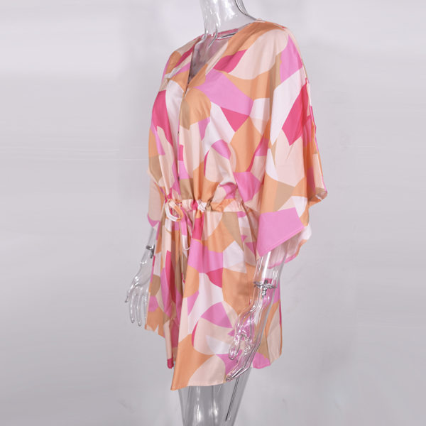 Kvinners Blomstrete Plunge Neck Knot Front A Line Kort Kjole (oransje og rosa fargematch-M)