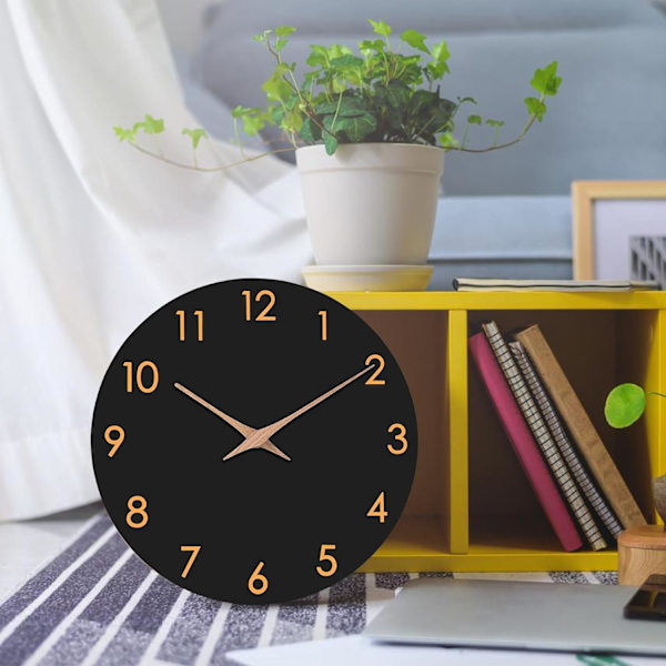 Tyst väggklocka i trä, modern 25 cm stor väggklocka, batteridriven, lättläst, för rum, hem, kök, sovrum, kontor, skola (svart)