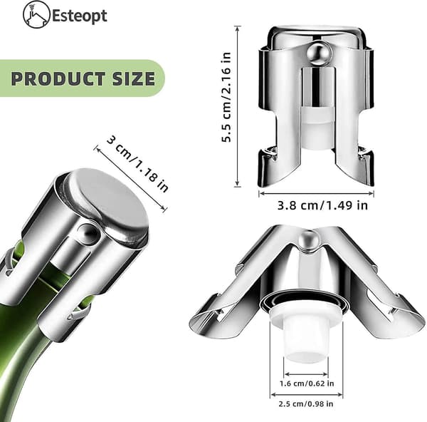 Champagne prop til flasker i rustfrit stål, 3 stk. Champagne prop