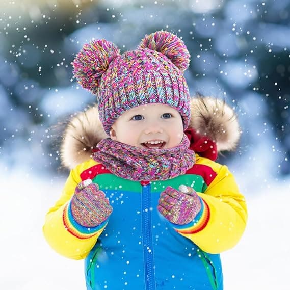 Børne Vinter Strikket Halsvarmer Børn Vinter Handsker Sæt 3 Dele Sæt Børn Vinter Hat Beanie Halsklæde Handske Strik Sæt til Piger Drenge (1-6 År)