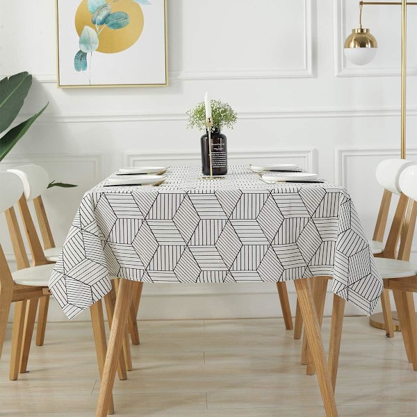 Rektangulær duk i geometrisk stil, bomullslinduk, støvtett duk for kjøkken, spisestue, borddekorasjon (rektangel/avlang, 140 x 178 cm (6-8 seter), hvit)
