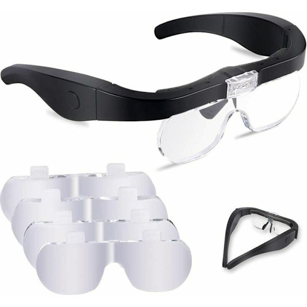 Suurennuslasi 2 LED-valolla, etusuurennin Hands Free -suurennin 4 irrotettavalla linssillä lukemiseen, korujen valmistukseen, ompeluun ja tee-se-itse-töihin
