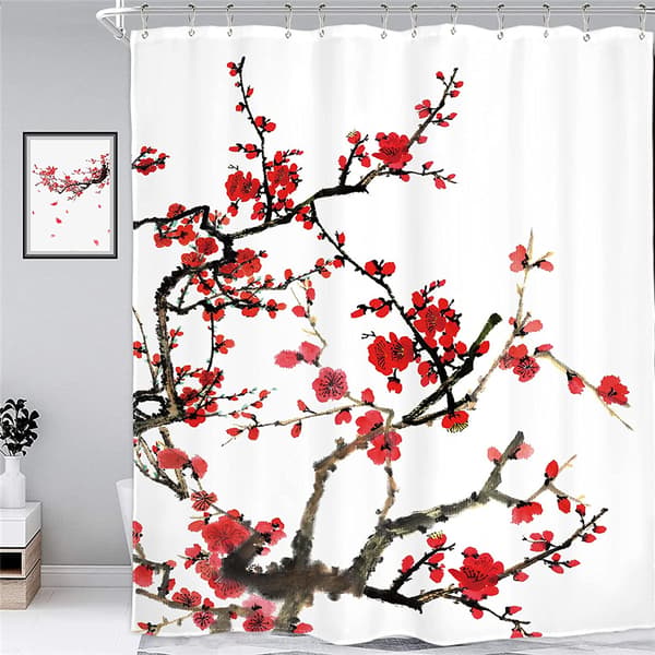 Kirsebærblomster Bruseforhæng Rød 180 x 180 cm Badeforhæng Polyester