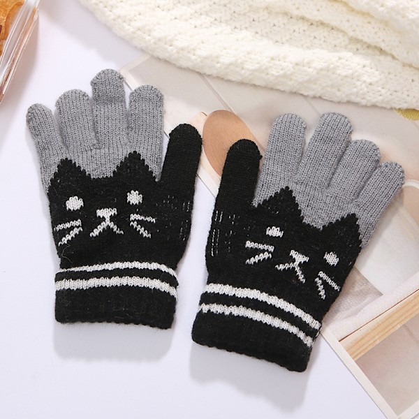 Vinterhandskar för barn Söta konstgjorda ullvantar Tjocka plysch Pojkflickor Vantar 5-fingrar Söt kattmönster Varma handskar Anti-förlorade vantar Vantar,Svart,15*9cm