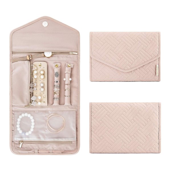 Rejse Smykkearrangør Etui Foldbar Smykkerulle til Rejse-Ringe, Halskæder, Øreringe, Armbånd, Pink