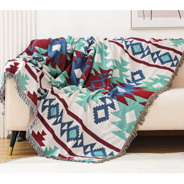 Bohemisk filt för soffa, sydvästlig inredning vävd filt, aztekiska filtar med tofs (90*150cm)
