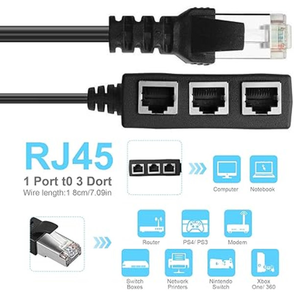 Splitterkabel, RJ45 hann til 3 hunn RJ45 nettverks-LAN-forlengelseskabel Ada