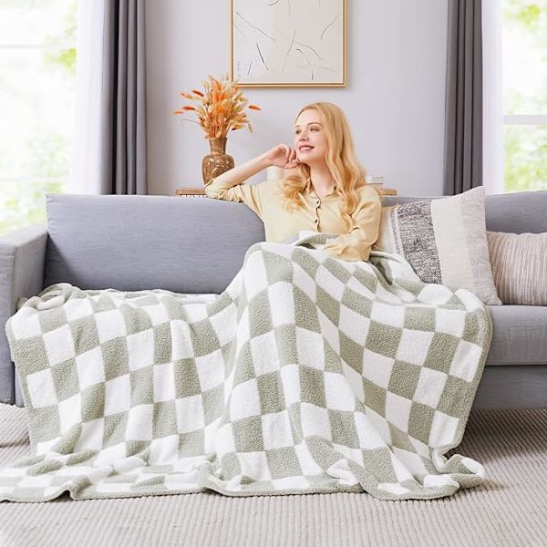 Ternet tæppe, salviegrøn mikrofiber blødt hyggeligt fluffy varmt håndlavet tæppe til sofa, stol, seng, camping, picnic, rejse