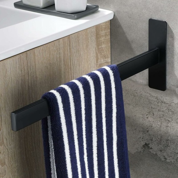 Svart matt håndklestang uten boring - Håndklestang for bad - Rektangulær håndklestang i rustfritt stål: 39 cm