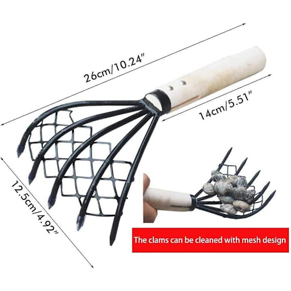 Clam Rake Med Nett 5 Tinders Trehåndtak Rake Shell Dig Tool Digging Seaf