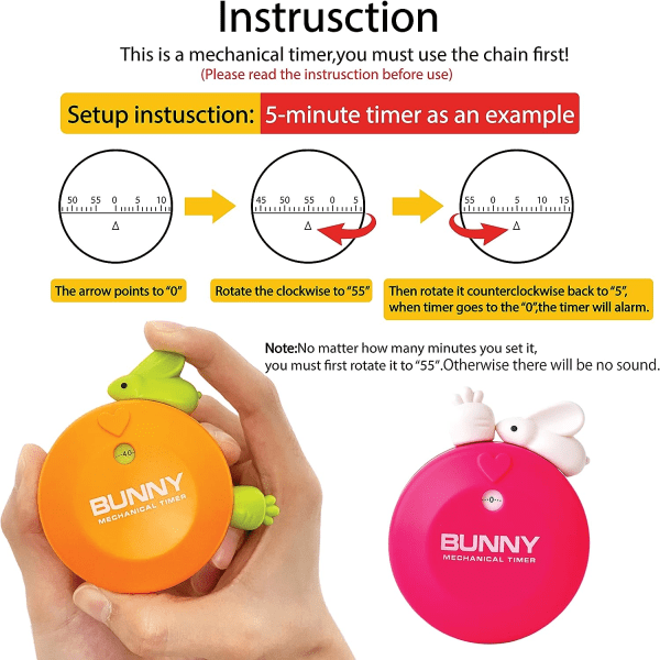 Timer för barn, magnetisk kökstimer, 60-minuters visuell timer (kanin) - 2-pack