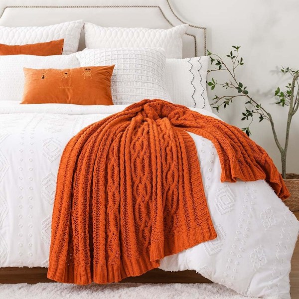 Orange filt 130 x 170 cm Varm höstfilt för soffa, Halloween filt, vävd chenille stickad filt, supermjuk, mysig, höstdekorativ filt