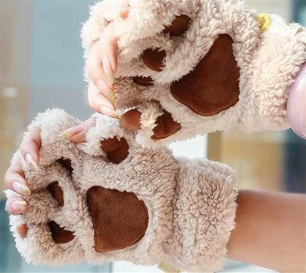 Bløde Plys Katte- og Bjørn Vinterhandsker, Off-White