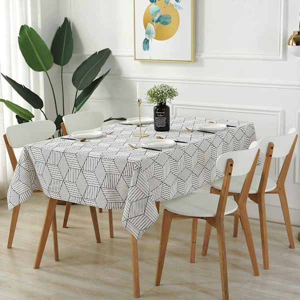 Rektangulær duk i geometrisk stil, bomullslinduk, støvtett duk for kjøkken, spisestue, borddekorasjon (rektangel/avlang, 140 x 178 cm (6-8 seter), hvit)