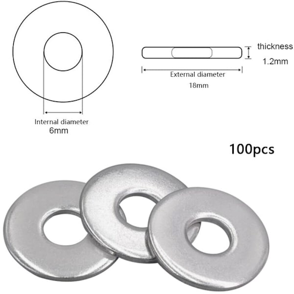 100 stk rustfrie stålskiver M6 metall flate skiver 18mm stor diameter Shim skive lager rund skive møbelfeste for skruer bolter