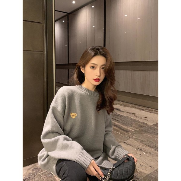 Kvinners Oversized Crewneck Lykteslange Ermet Løs Genser Chunky