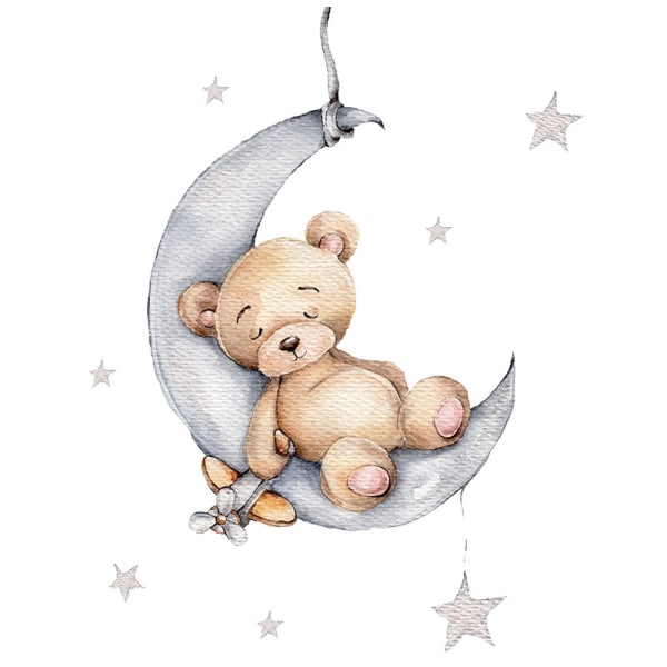 Tecknad nallebjörn som sover på månen och stjärnor Väggdekaler f