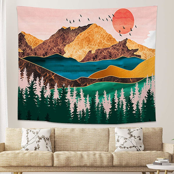 Solnedgång Gobeläng Skogsträd Gobeläng Naturlandskap Gobeläng Väggbonad för Sovrum Vardagsrum-H51.2×W59.1 tum