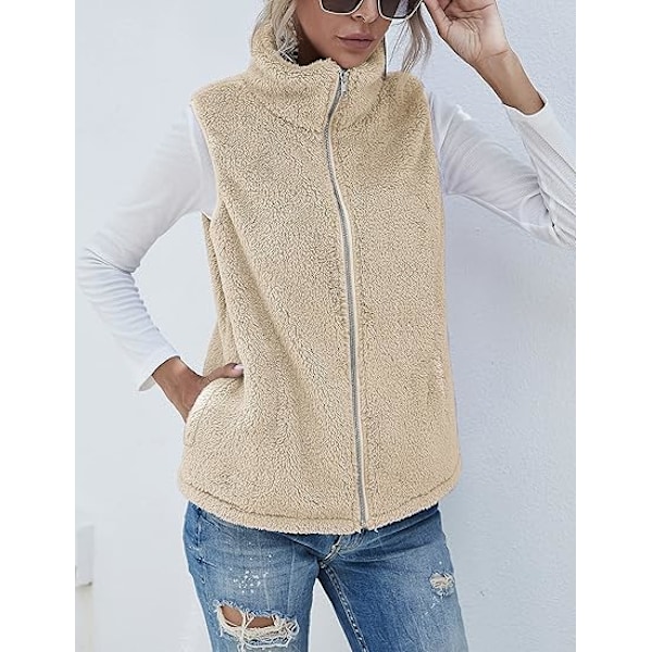 (M) Dam Fuzzy Sherpa Fleece Jacka Lätt Väst Mysig Ärmlös Cardigan Dragkedja Väst Ytterkläder med Fickor
