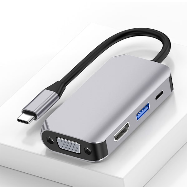 4 i 1 USB C HUB, dockningsstationsadapter med 4K-HDMI, VGA, grå