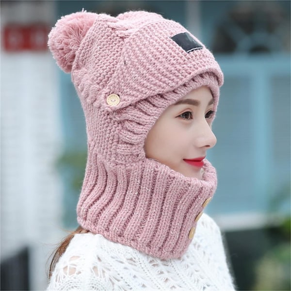 Stickad mössa med öronlappar och cirkelscarf, vinter siamesisk vindtät stickad varm mössa för kvinnor (rosa, medium)
