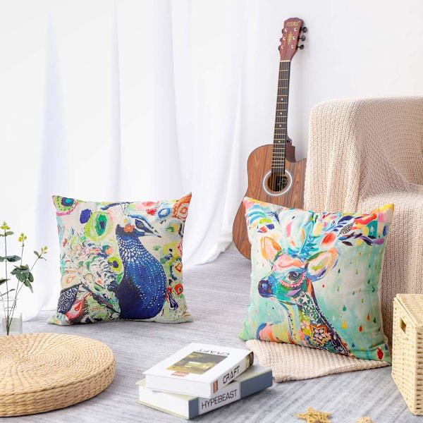 4 stk Polyester og Lin Dekorativ Putetrekk Sofa Bil Hjem Dekorasjon Putetrekk 45 x 45cm (Fargemalte Dyr)