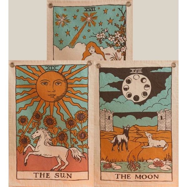 Solen, månen og stjernen tarot-veggtepper - estetisk bohemsk vegg