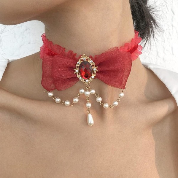 Elegant spets Bow-Knot Choker Halsband för kvinnor och flickor Röd Lac