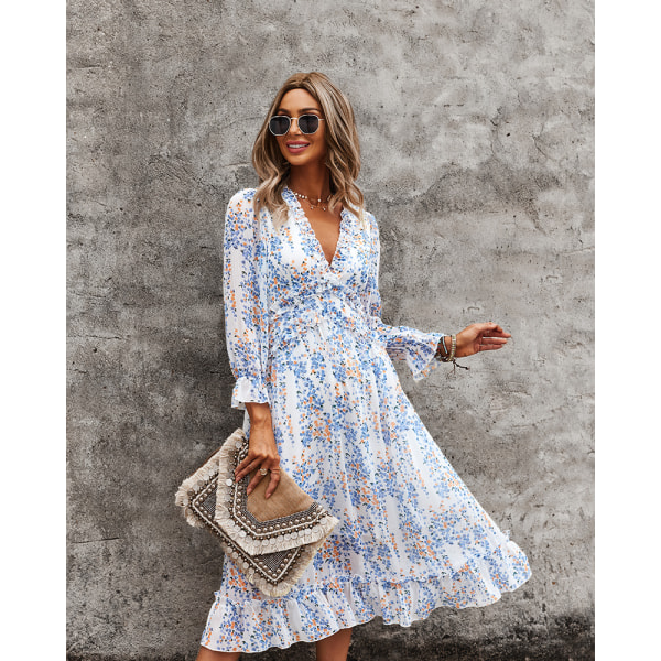 Kvinners Casual Floral Print Lang Ermet Flytende Swing Boho Kjole-M