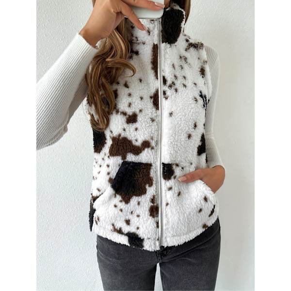 (M) Dam Fleece Väst med Ko-Print, Fuzzy, Dragkedja, Ärmlös, Ytterplagg med Fickor