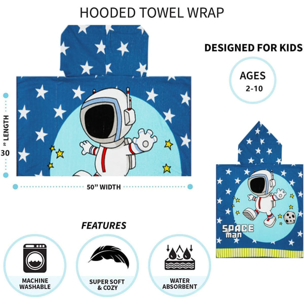 Barn med huva handduk badhandduk i mikrofiber mjuk bomull absorberande poncho handdukar söt tecknad astronaut mönster tryck badrock för pojkar simning pool coverups 30\"*55\", Blå Astronaut