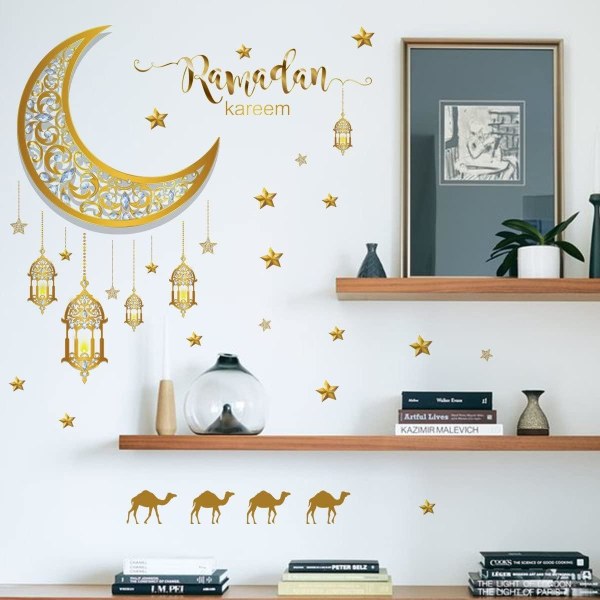 Ramadan Eid Mubarak Väggdekor Moon Star Lantern Decal Self Adh