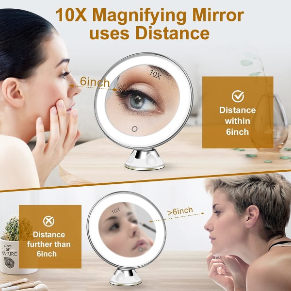 10x forstørrelsesglas makeup spejl, belyst spejl med sugekop