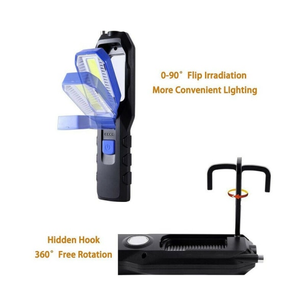 Uppladdningsbar LED-arbetslampa, kraftfull uppladdningsbar LED-bärbar arbetslampa USB-magnetlampa 2800mAh COB-batteri, krok och laddningskabel