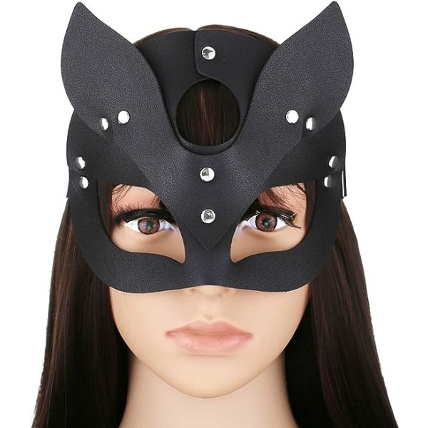 Svart lyxig läder katt räv maskeradmask för kvinnor