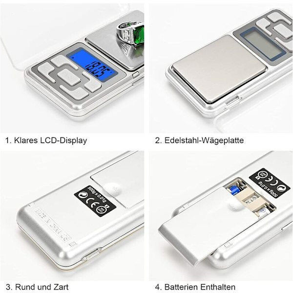 Præcisionsvægt 500g/0,01g Køkkenvægt med baggrundsbelyst LCD-display, Digitalvægt