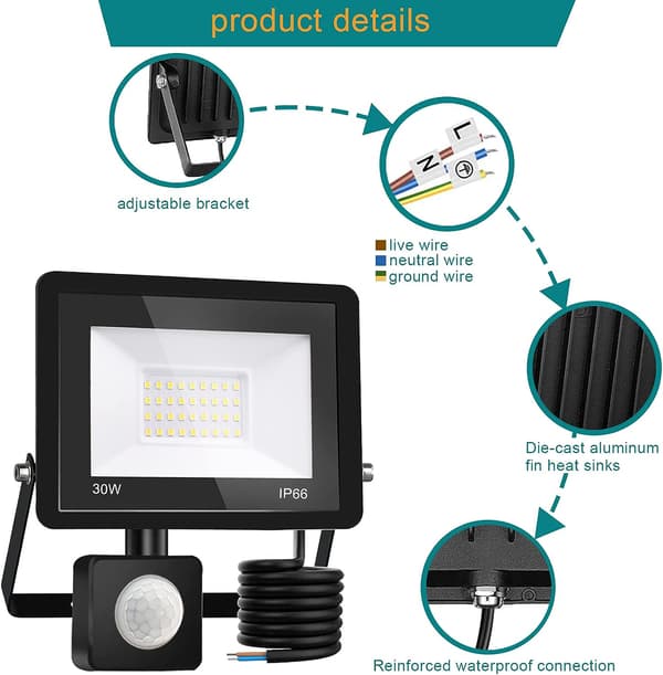 Utendørs LED-flomlys bevegelsessensor 30W, 3000LM LED-flomlys,