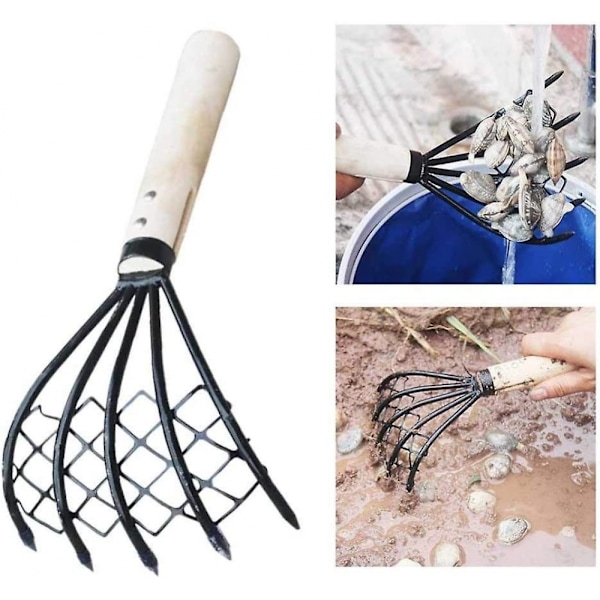 Clam Rake Med Nett 5 Tinders Trehåndtak Rake Shell Dig Tool Digging Seaf