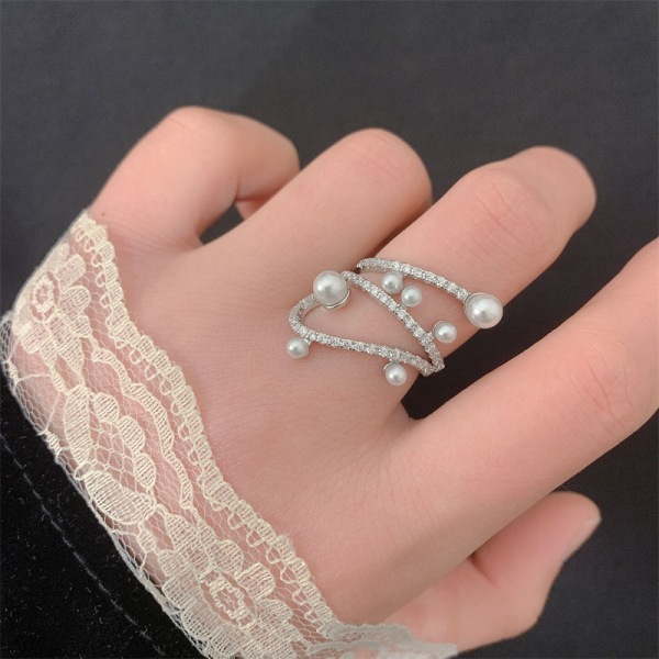 Justerbar geometrisk linje sølvbelagt hvid forlovelsesperle åben ring til kvinde