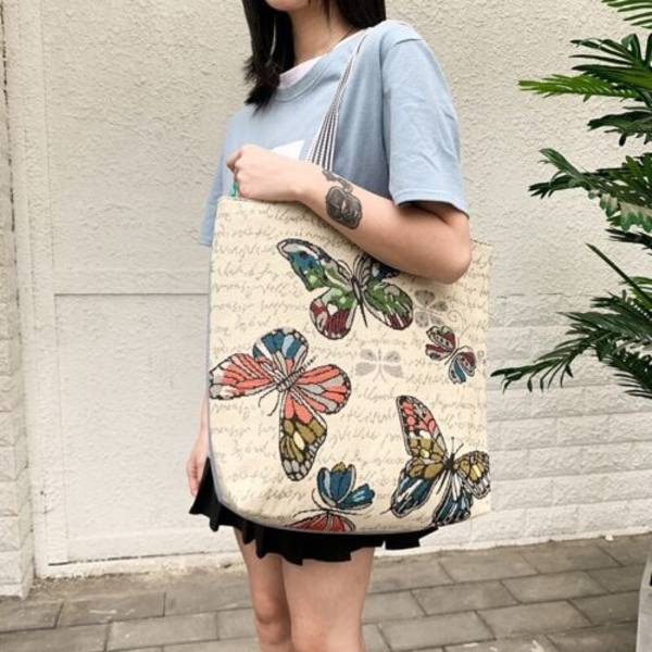 XL fjärilsmönstrad canvas tote väska klassisk casual dam shopping axelväska, 1 st
