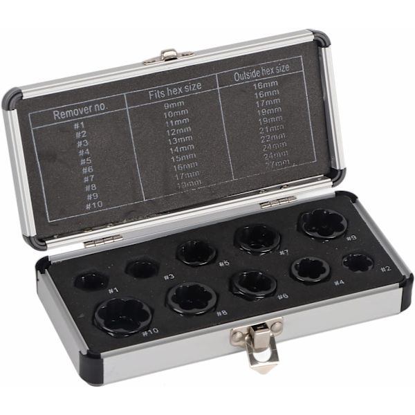 10-delt sett med muttertrekker, 9-19 mm