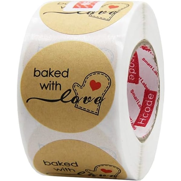 500 Natural Kraft Paper Rund Bakt med Kjærlighet Klistremerker med rødt hjerte i baking