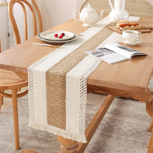 Boho Bordløber til Hjemmeindretning med Kvaster 220cm Lang Landlig Rustik